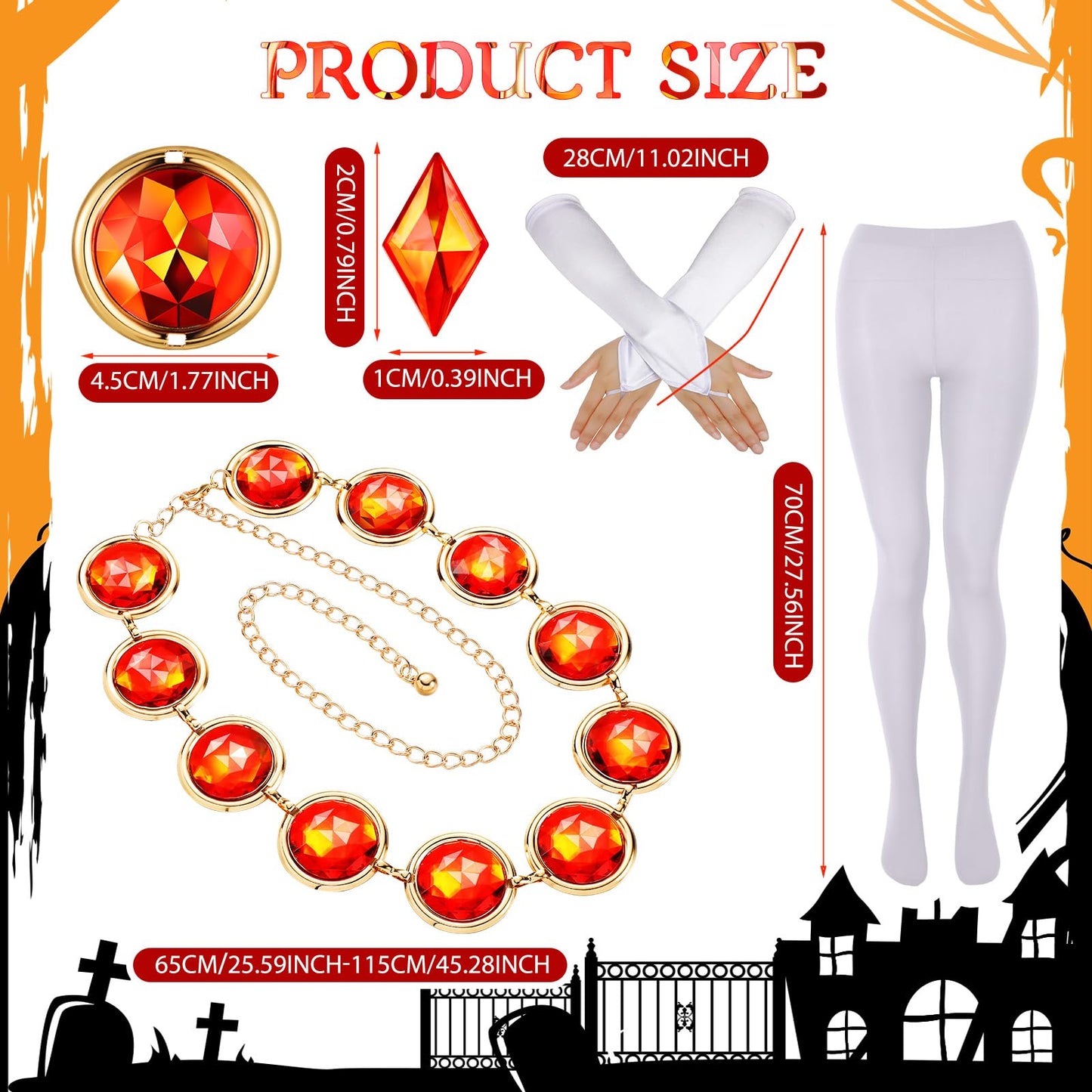 BBTO 7 Pcs Halloween Cosplay Belt Girl Gems Waist Chain Rhinestone Diamond Stone Opera Satin Gloves High Waisted Leggings (White)