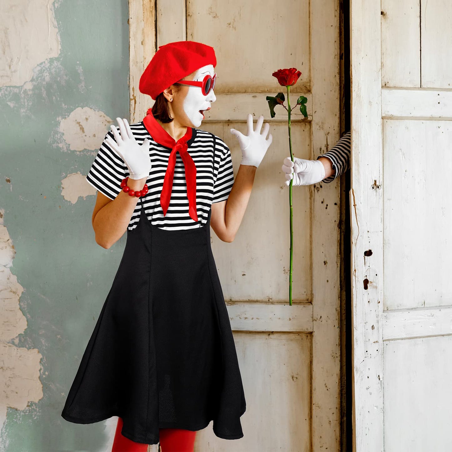 Tisancy 6 Pcs Halloween French Artist Costume Women Outfit Dress, Striped T Shirt, Gloves, Beret, Scarf, Sunglasses(Red Beret,X-Large)