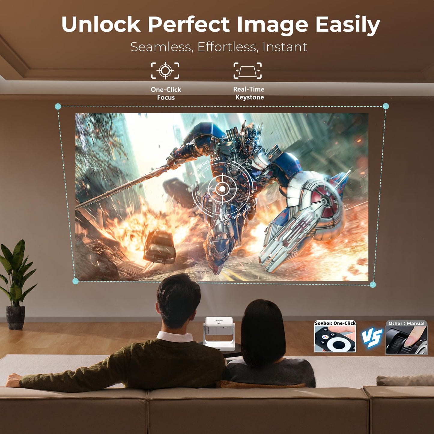 [Google TV/2000 ANSI/Voice Control/Built-in Apps] Outdoor Projector-4K with WiFi and Bluetooth: Portable-Movie-Smart-Projector, Sovboi 1080P 180° Stand Home-Ceiling-Proyector Compatible with Netflix