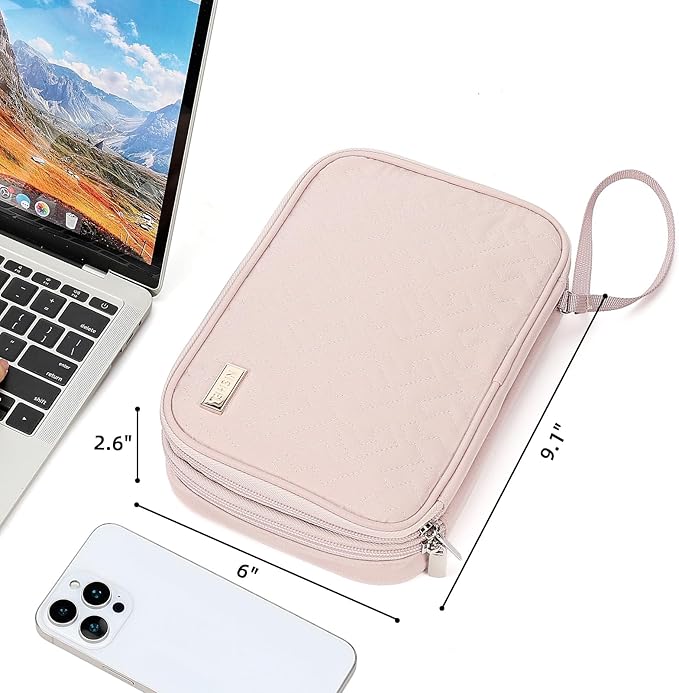 NISHEL Travel Cord Organizer Case, Double Layers Tech Electronic Bag, Essentials for Charger, Cable, Phone, Flash drive, Large, Pink