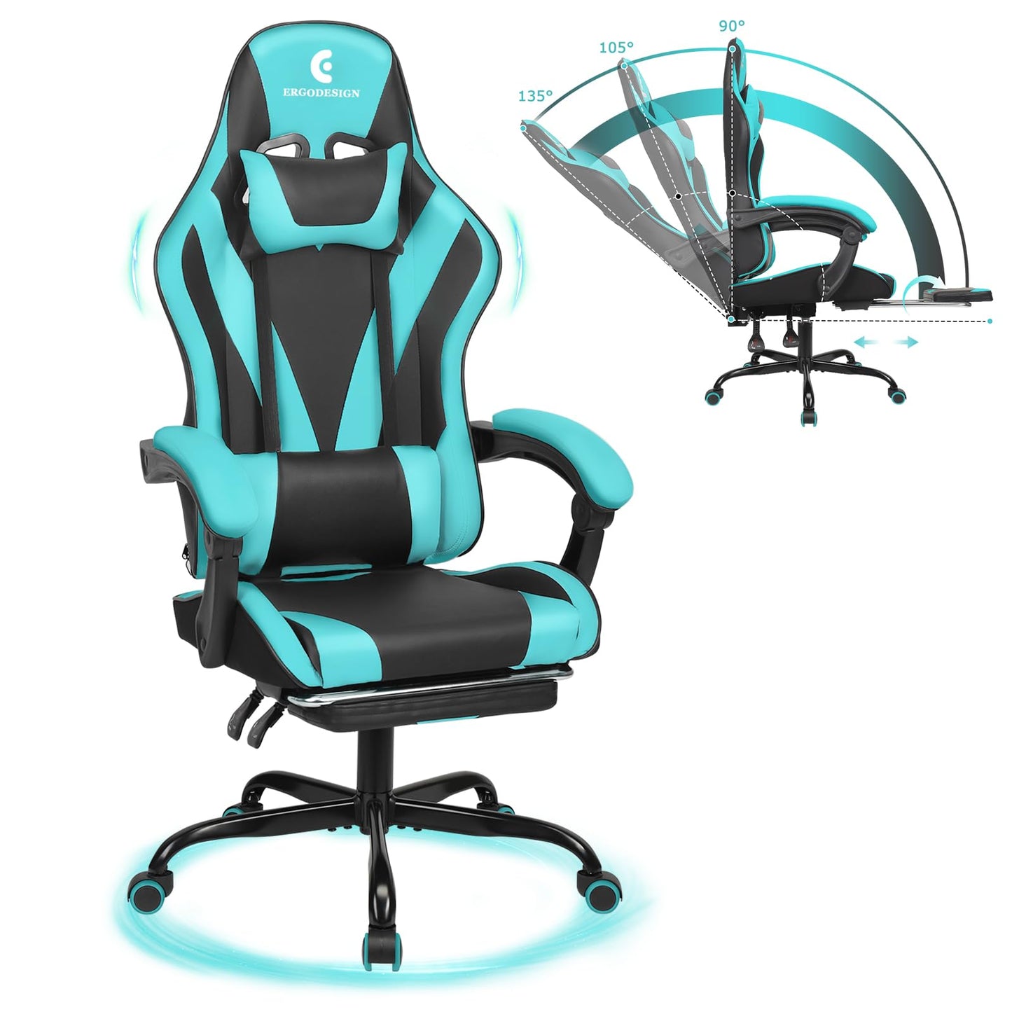 ErgoDesign Gaming Chair with Linkage Armrest & Footrest, High Back Video Gaming Chair, Black/Light Blue