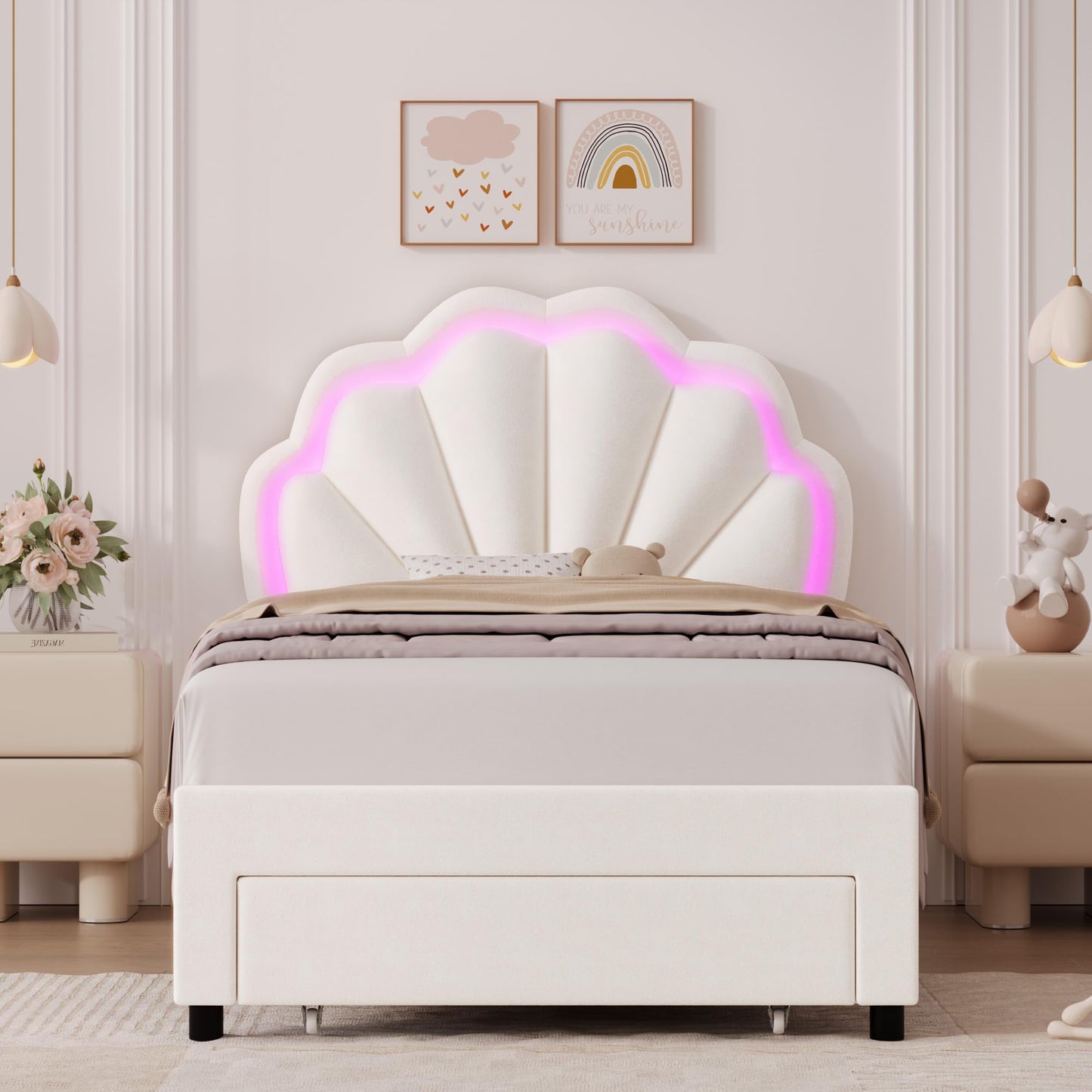 HIFIT Twin Upholstered Smart LED Bed Frame with Storage Drawer and Adjustable Chic Double Petal Headboard, Princess Platform Bed for Girls/Kids, Solid Wood Slats Support/No Box Spring Needed, Beige