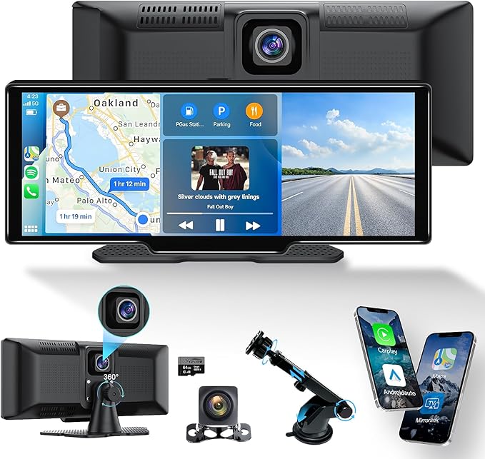 KLZHP001 Carplay Screen for Car, 10.26'' HD IPS Apple Carplay & Android Auto Screen, 4K Dash Cam, 1080P Rear Camera, Wirel...