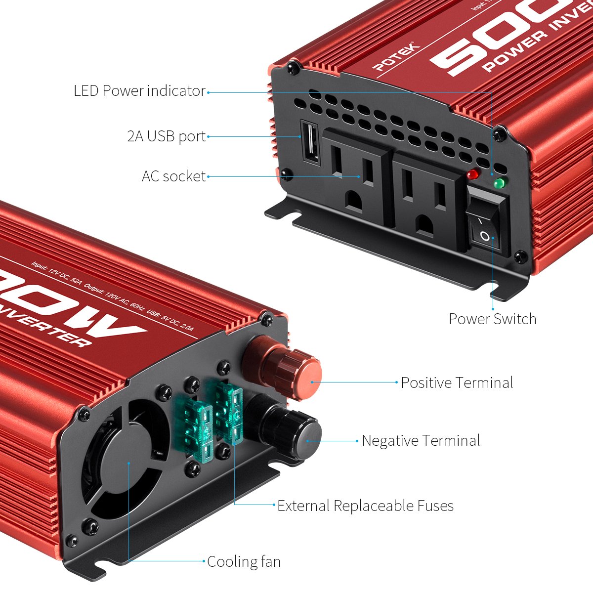 Potek 500W Car Power Inverter Dc 12V To Ac 110V With 2Ac Outlets And 2A Usb Port