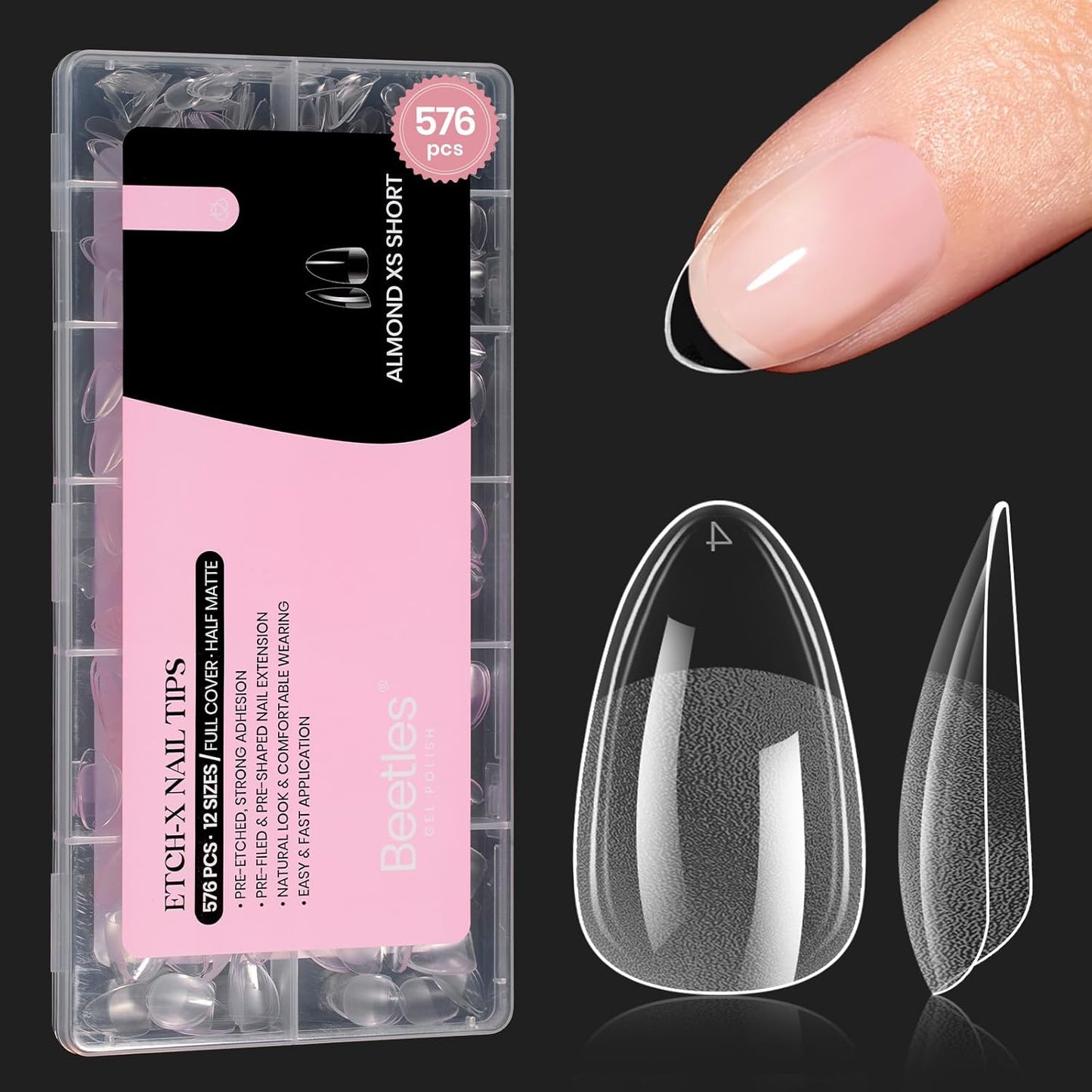 Beetles Gel Nail Tips 576Pcs Extra Short Almond Fake Nails Etch-X Half Matte Press on Nail Tips Full Cover Gifts for Women Gel Nail Polish Extensions Set