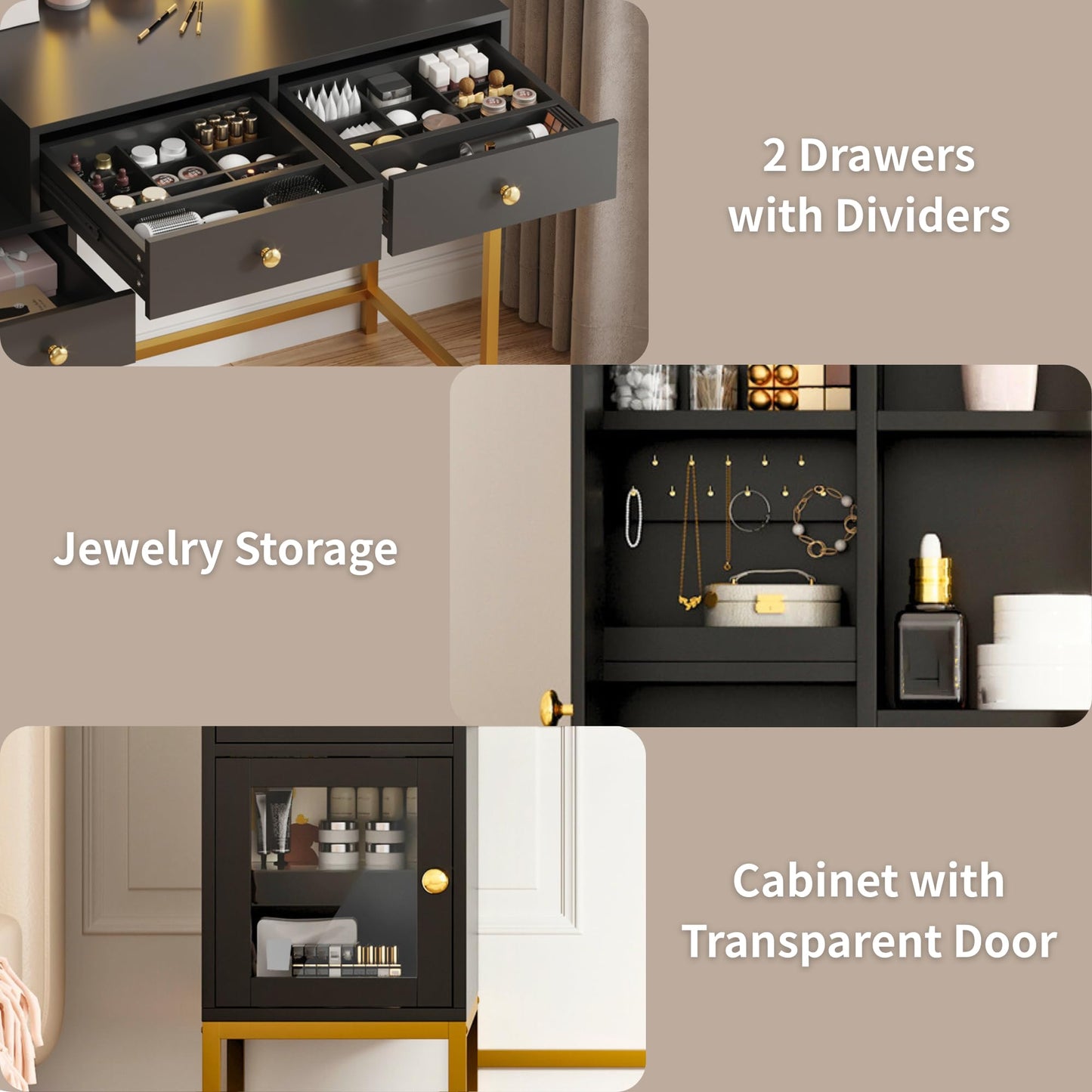 IDEALHOSUE Vanity Desk with Mirror and Lights, Makeup Vanity with Jewelry Storage, Cabinet, Drawers, Modern Makeup Desk with LED Lighting and Charging Station for Bedroom, Black