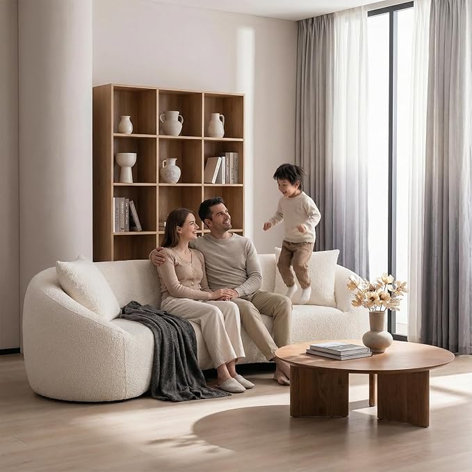 mr.waiba 93.31" Curved Sofa Couch, Oversized 3-Seater Luxury Boucle Cloud Couch with 2 Pillows,Solid Wood Frame Modern Sofas for Living Room,Apartment,Small Space,Office,No Assembly Required (White)