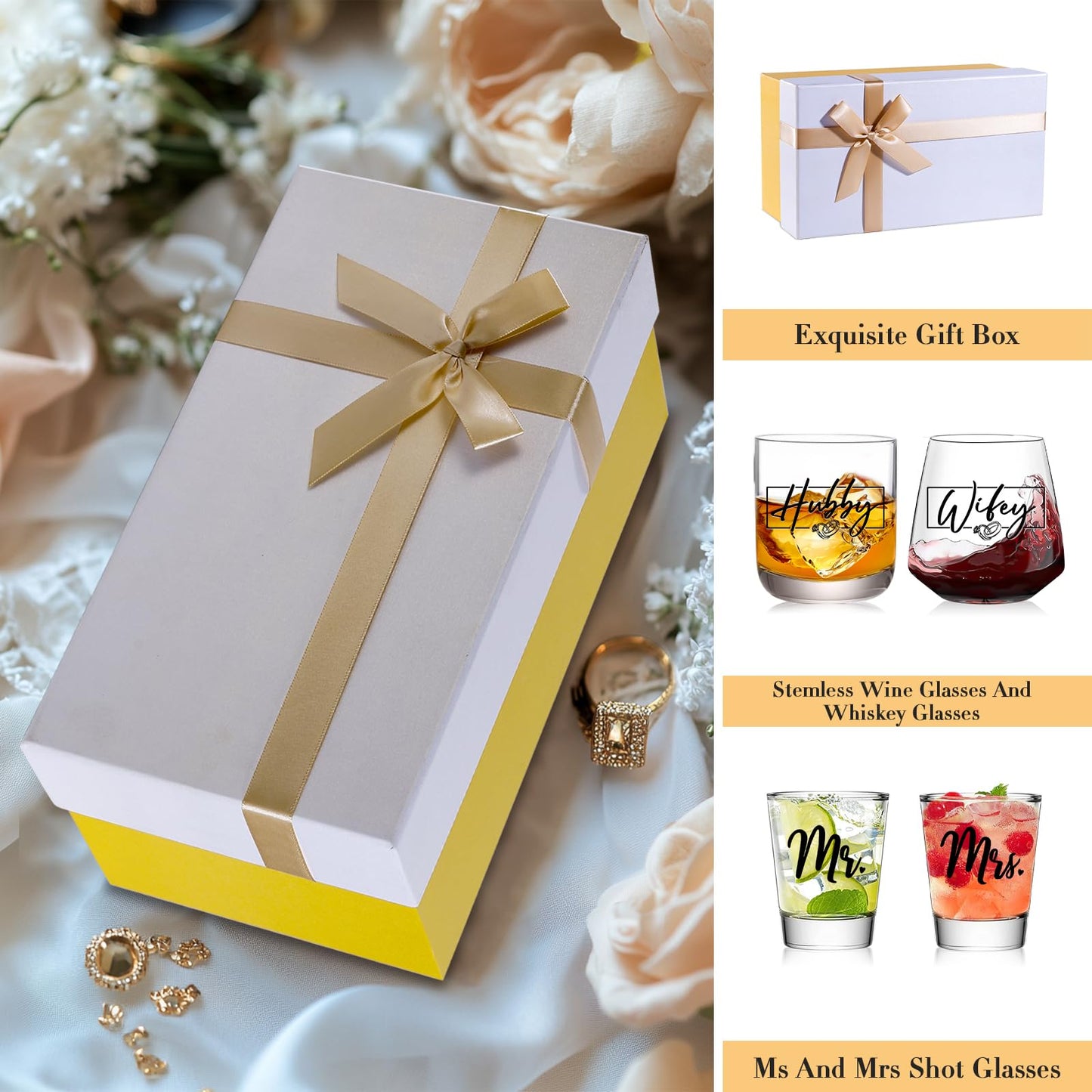 JOVGANK Wedding Gifts for Couples 2025, Bridal Shower Gifts, His and Hers Glass, Mr and Mrs Glass, Drinking Glasses Set, Hubby and Wifey Gift, Couples Gift for Bride and Groom