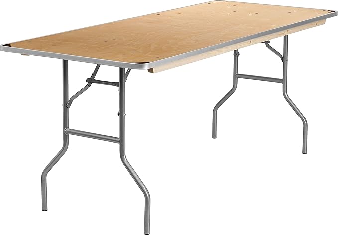 Flash Furniture Fielder 6-Foot Rectangular HEAVY DUTY Birchwood Folding Banquet Table with METAL Edges and Protective Corn...