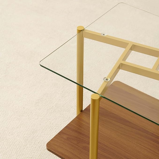 Pine Flicker Square Glass End Table, Mid-Century Modern Sofa Table, L20*W20*H23 inch for Living Room, 2-Tier Structure, Clear Glass Top and Walnut MDF Shelf, Sleek Conical Metal Legs with Gold Finish