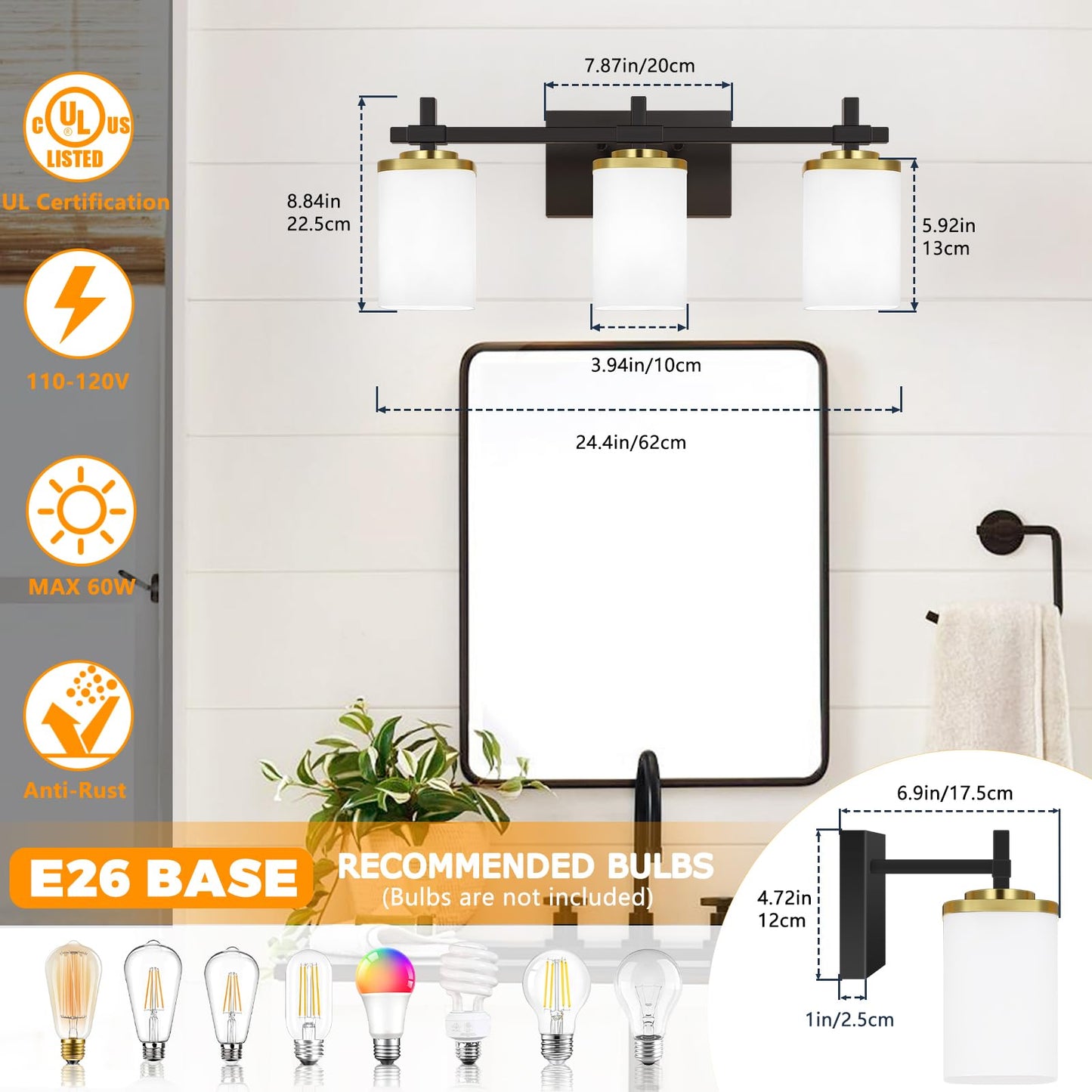 Spiglamm 3-Lights Black and Gold Bathroom Lighting Fixtures Over Mirror, Anti-Rust Vanity Wall Lights for Bathroom with Milky White Frosted Glass Shades, Modern Bath Wall Lamp for Living Room Bedroom