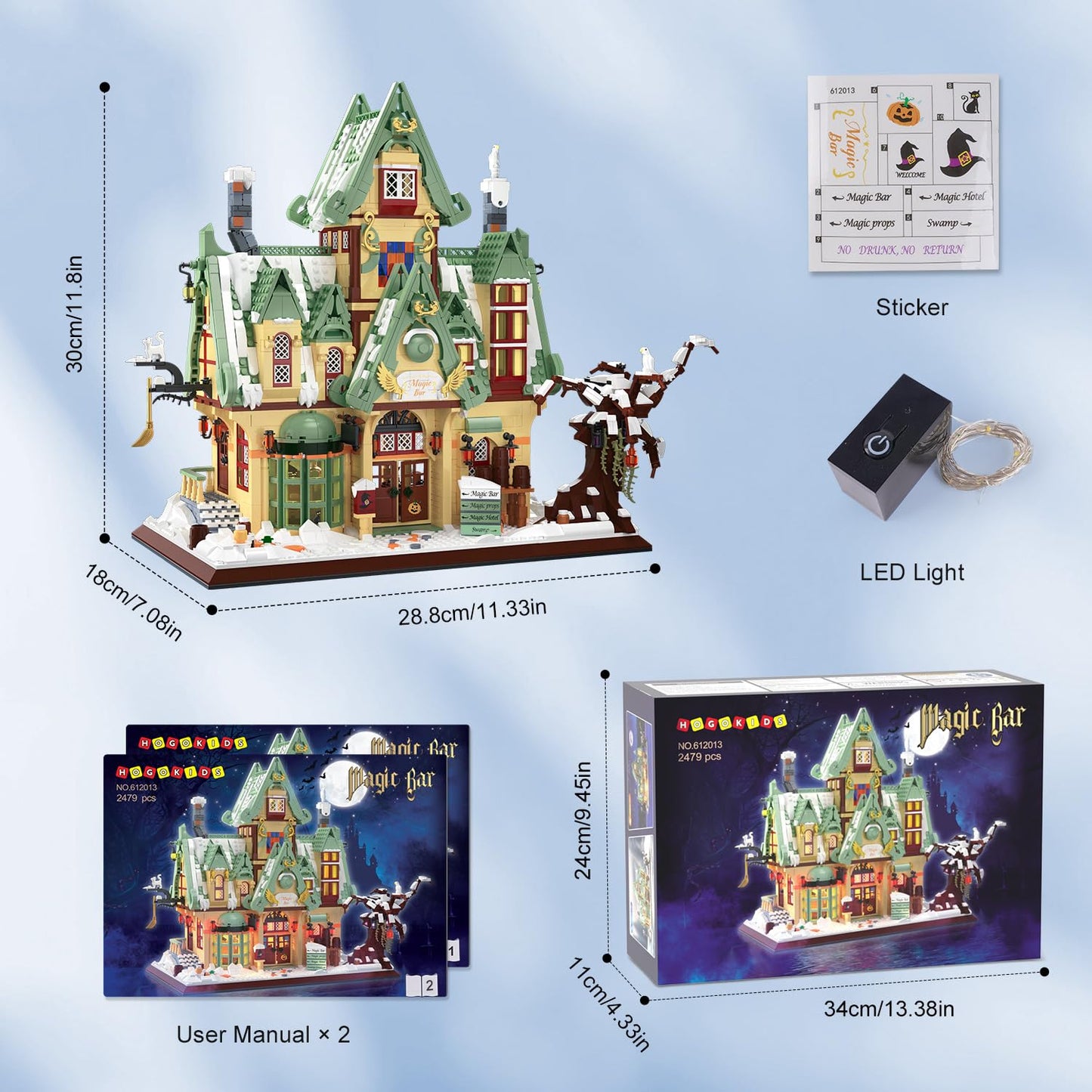 HOGOKIDS Magic Bar House Building Set with LED Light - Halloween House Architecture 3.6mm Mini Building Block Home Office Decor, Magical Birthday Gift for Adults Kids Age 10+ Boy & Girl (2479 PCS)