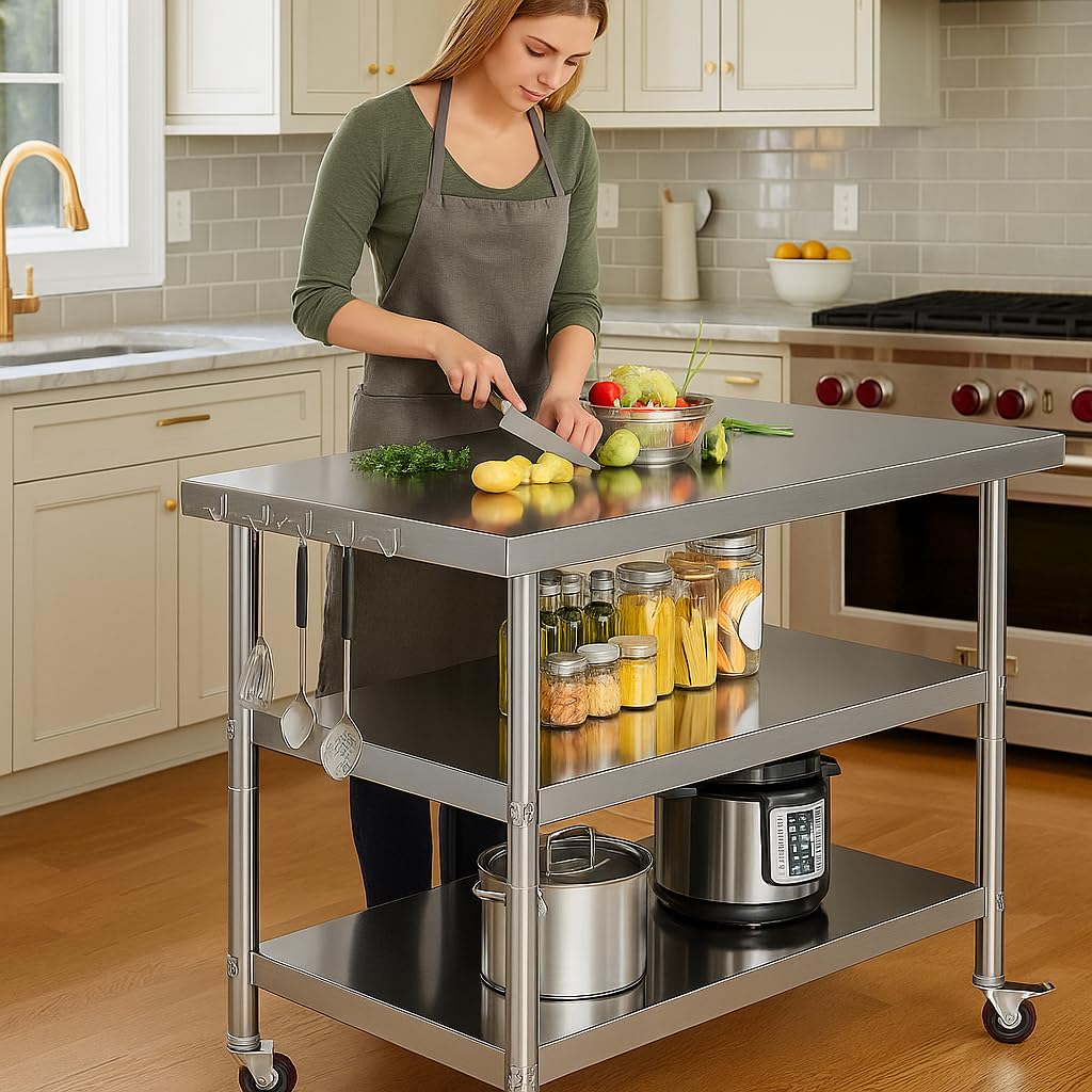 Stainless Steel Table with Wheels for Food Preparation and Work, Multi-Size Optional, Three-Layer Variable Two-Layer Metal Commercial Workbench Outdoor, Restaurant, Kitchen (44" Lx24 Wx34 H)