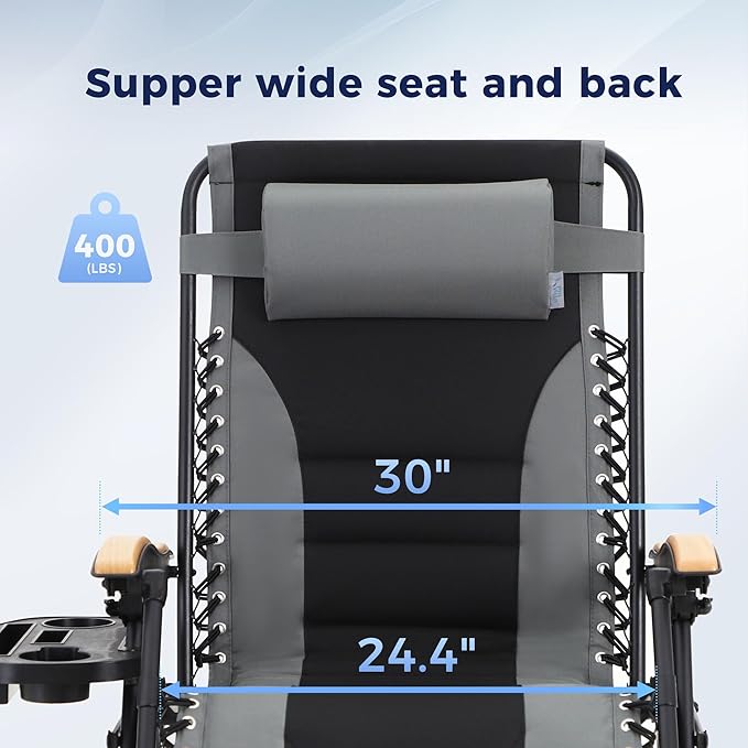 MAISON ARTS Oversized XXL Zero Gravity Chair, 30" Wide Seat Padded Foldable Recliner, Anti Gravity Outdoor Lawn Chair for Poolside/Backyard/Beach, Supports 400lbs, Grey