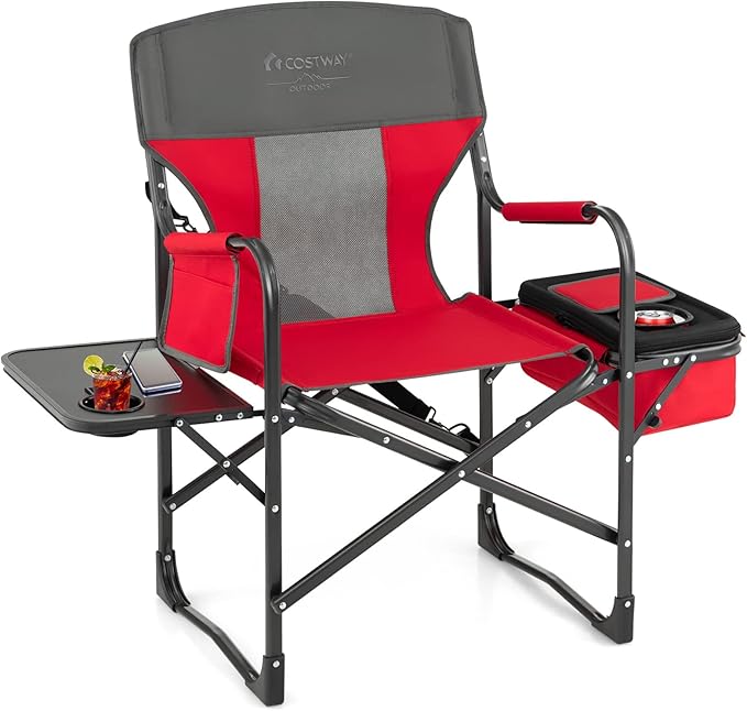 COSTWAY Folding Camping Chair, Heavy-Duty Director Chair Supports 400lbs for Adults with Side Table, Cooler Bag, Storage, ...