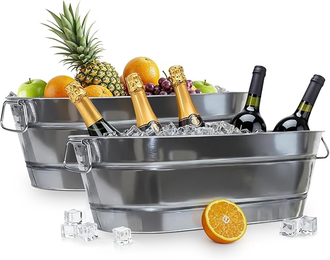 PLEXON Galvanized Tub with Handles - Beverage Tub - Metal Ice Bucket for Parties - Ice Bucket for Cocktail Bar Restaurant...