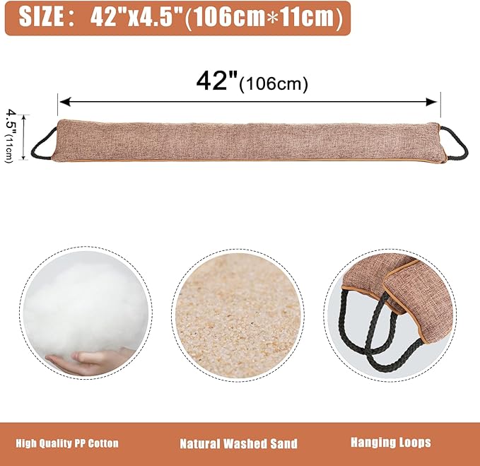 Marwood Under Door Draft Stopper 42 inch Wind Stopper for Door & Window, Weighted French Air Draft Stopper Front Door Snake Noise Blocker for Bottom of Door with Hanging Loops - Brown