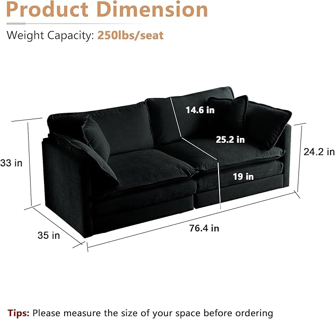mikibama Luxury Loveseat Sofa Couch, 76" Modern Chenille Deep 2-Seater Cloud Couch with 2 Armrest Pillows and 2 Toss Pillows, Love Seat for Living Room Bedroom Office Apartment, Black