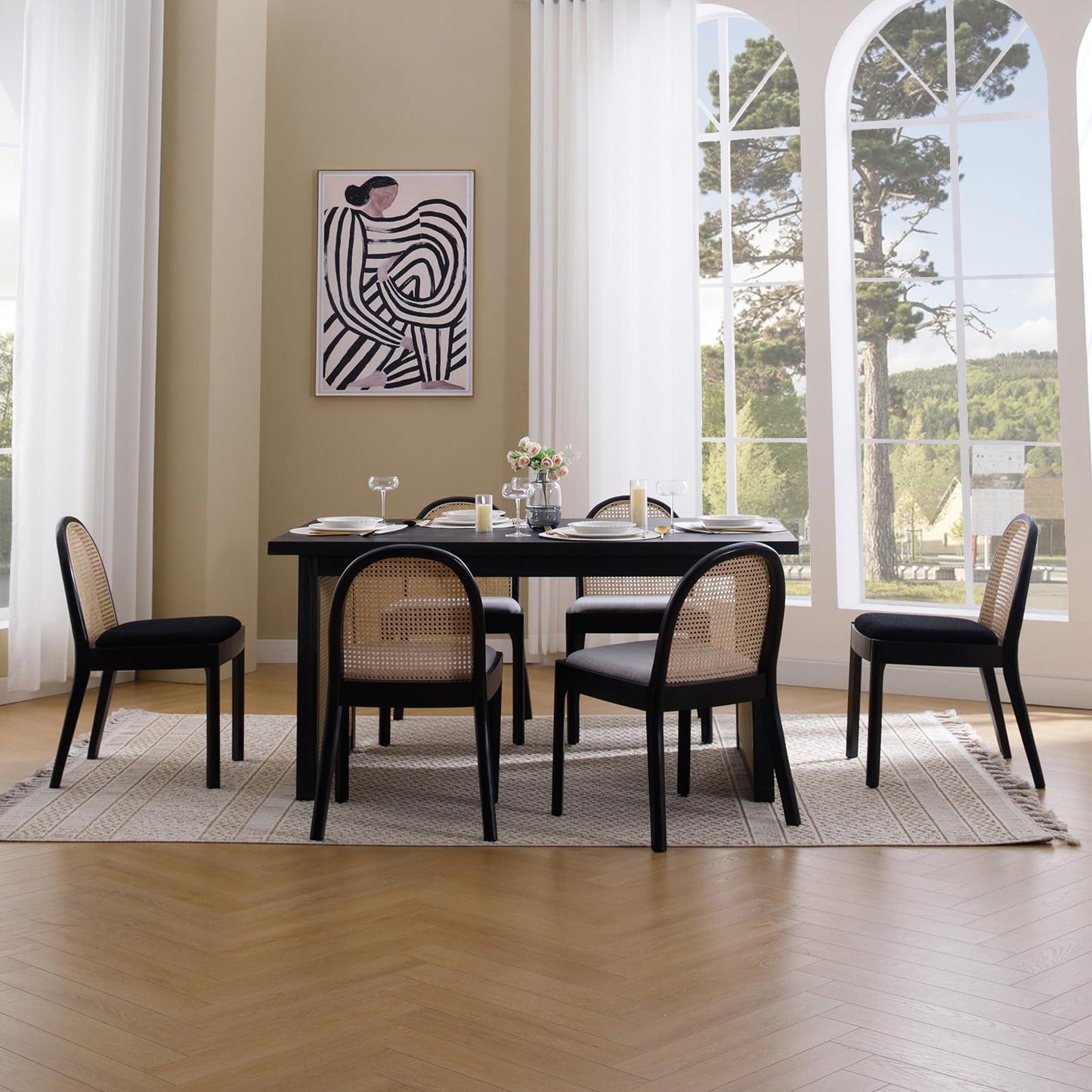 DAYALANE Rattan Dining Chairs Set of 4, Modern Dining Room Chairs with Cane Back Comfy Accent Kitchen Chair Upholstered Linen Fabric Chair for Restaurant/Living Room, Grey