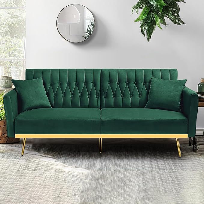 ACMEASE 70” Velvet Futon Sofa Bed w/Adjustable Backrests and Armrests, Convertible Futon Couch with 2 Pillows, Modern Tufted Sleeper Bed for Living Room, Bedroom,Green