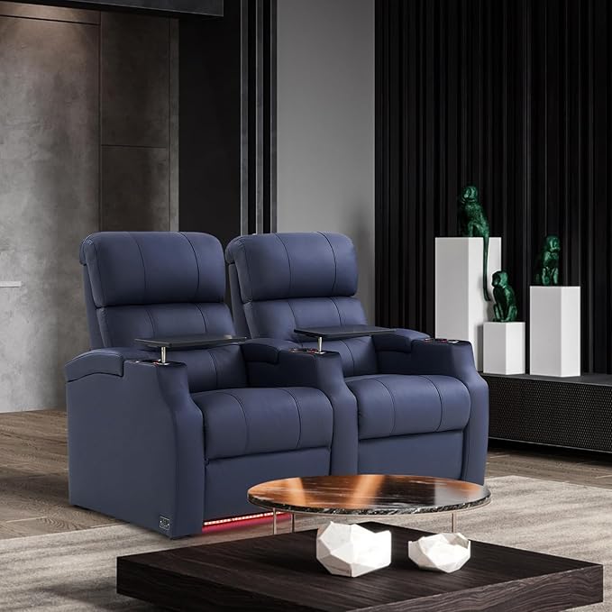 Weilianda Home Theater Seating, Top Grain Leather Sectional Seats Recliner Chair, Zero Gravity Reclining Sofa with Power Headrest 7 Colors Ambient Lighting USB C Charge Row of 5 Blue