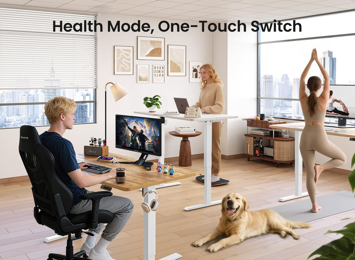 BANTI 55 × 24 Inches Standing Desk, Ergonomic, Electric Height Adjustable, Sit and Stand Up, Computer Office Desk with Splice Board, White Frame/Maple Top