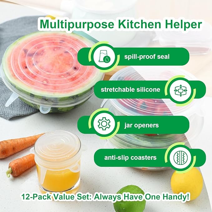 Silicone Stretch Lids – 12 Pack Reusable Food Covers,Flexible Silicone for Bowls, Containers, Fruits – Airtight & Leakproof Seal for Kitchen Storage (Transparent)