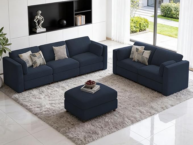 CUGOAO 153.4'' Oversized Sofa Set, Modular Sectional Sofa, Deep Seat Chenille Cloud Couch, Removable Cover, Mordern Upholstered Couches for Living Room, Apartment, Office, Blue