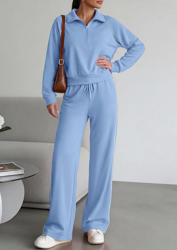 PRETTYGARDEN Women's 2 Piece Outfits Casual Lapel Half Zip Sweatshirts and Wide Leg Pants Tracksuit Sets