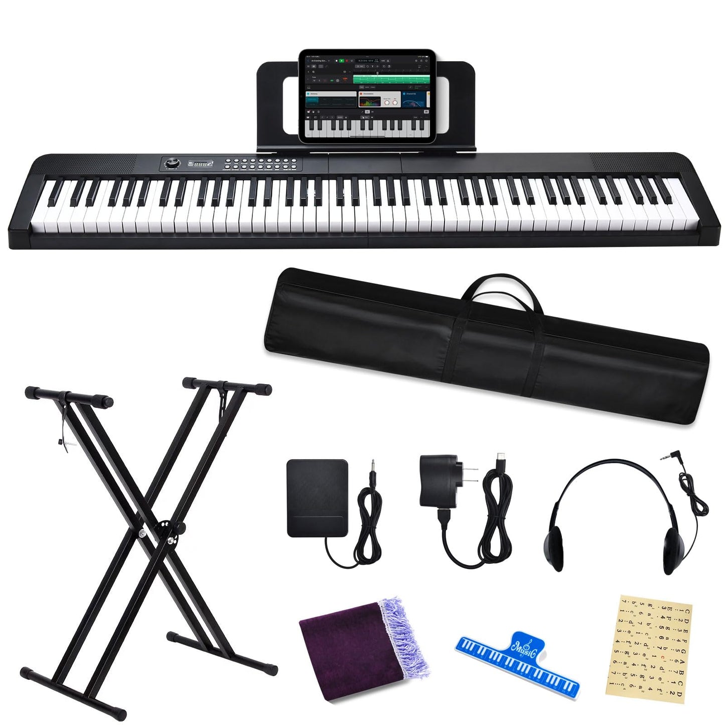88 Key Piano Keyboard, Electric Digital Piano with Semi Weighted Keys, Keyboard Piano with Sustain Pedal, Power Adapter, Stand, Carrying Case, Headphones, USB-MIDI Compatibility, for Beginner Adults