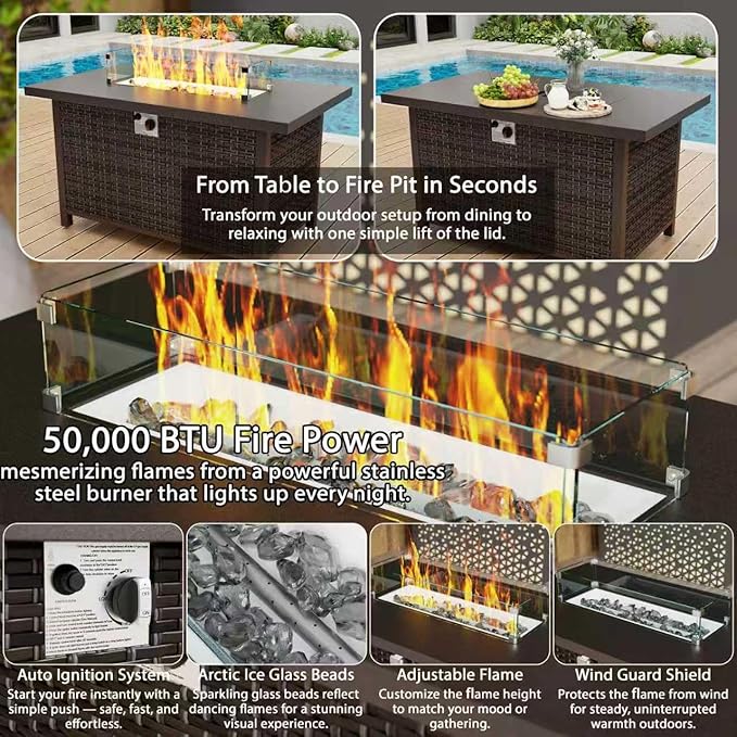 Xmkmvk 8 Piece Patio Sectional Sofa Set with 50000 BTU Fire Pit Table, All-Weather Wicker Rattan Outdoor Conversation Set, High Back, for Garden, Porch, Poolside, Gray