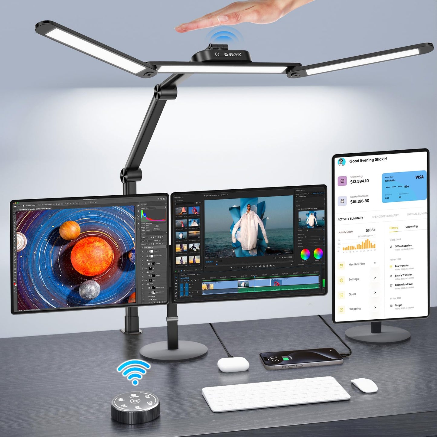 Syrinx LED Desk Lamp, Architect Desk Lamps for Home Office with Gesture Switch & Remote Control, 24W Bright Desk Light with 50 Light Modes Eye-Caring Desk Lamp with Clamp for Reading Study Workbench