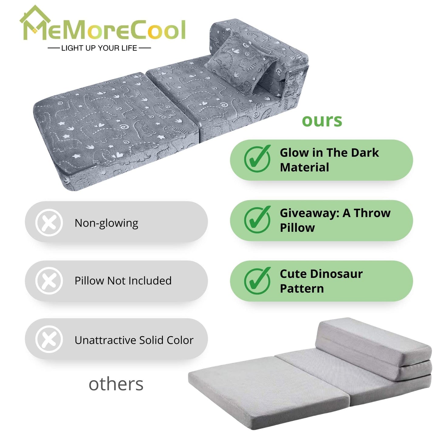 MeMoreCool Kids Floor Mattress Glow in The Dark, Convertible Sofa Couch, Folding Futon Chair Bed Sleeper for Baby Playroom (Glowing Dinosaur)