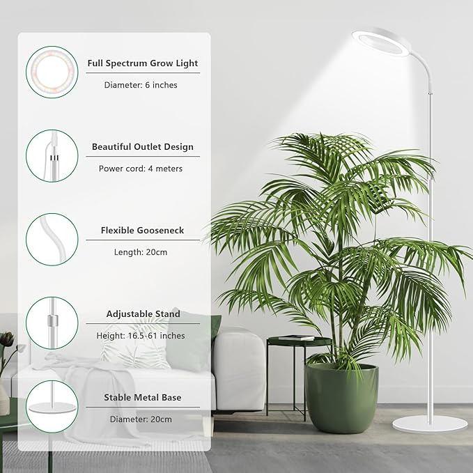 Floor Grow Lights for Indoor Plants, Full Spectrum Plant Light with 68" Stand for Growing Large Tall Plants, White Halo Grow Lamp with 6/12/16H Timer, 3 Light Modes, 5 Dimming