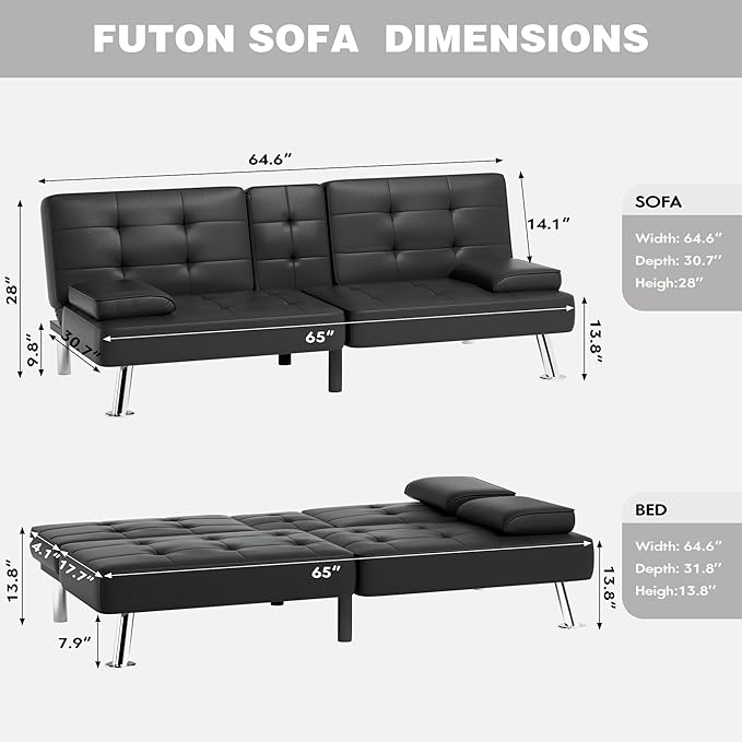 JUMMICO Faux Leather Futon Sofa Bed Futon Couch with Removable Armrests Adjustable Sleeper Sofa Bed with 2 Cup Holders for Living Room (PU Leather, Black)