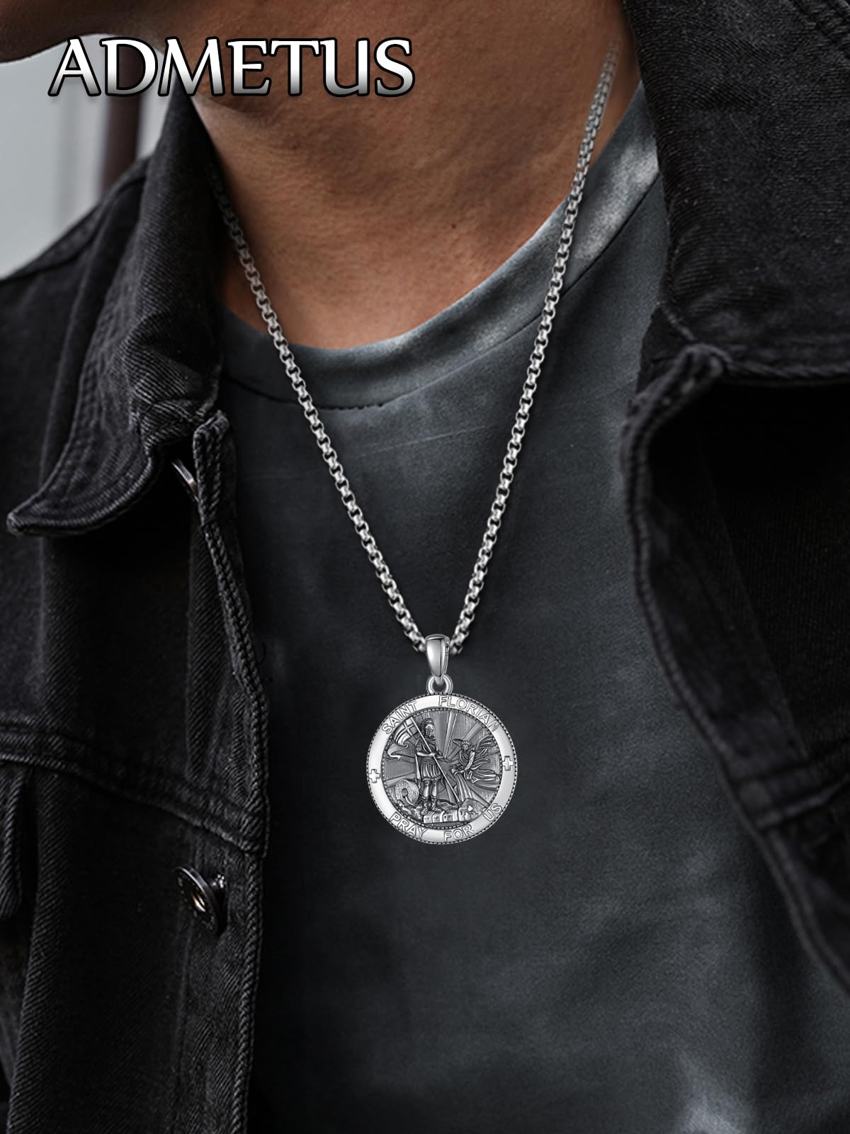 ADMETUS Sterling Silver St Florian Firefighter Necklace for Men Saint Florian Pendant Medal Amult Protection Jewelry Religious G