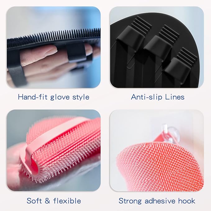 Manmihealth Silicone Back Scrubber & Soft Bath Glove, Silicone Scalp Massager Set 5 PCS, Super-Exfoliating Body Scrubber Shower Brush & Shampoo Brush Combination, with 2 Free Hooks (Style 2 Black)
