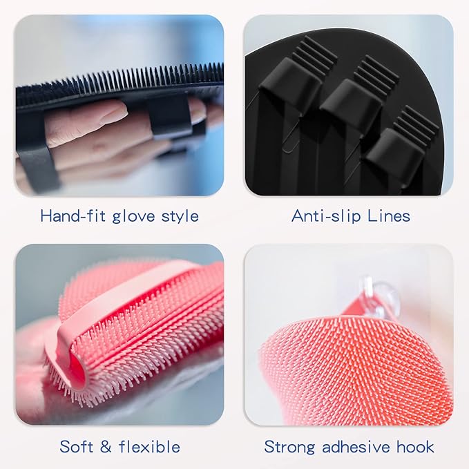 Manmihealth Silicone Back Scrubber & Soft Bath Glove, Silicone Scalp Massager Set 5 PCS, Super-Exfoliating Body Scrubber Shower Brush & Shampoo Brush Combination, with 2 Free Hooks (Style 2 Gray)