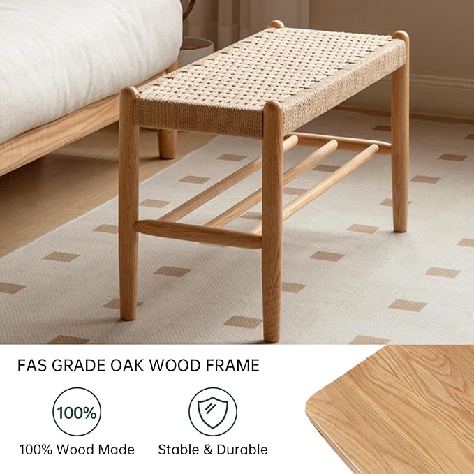 Vadisun Solid Oak Shoe Bench Assembled, Farmhouse Shoe Rack Bench with Woven Rope Design for Entryway, Living Room, Bedroom, Hallway, 11.8" x 23.6" x 16.1", Natural