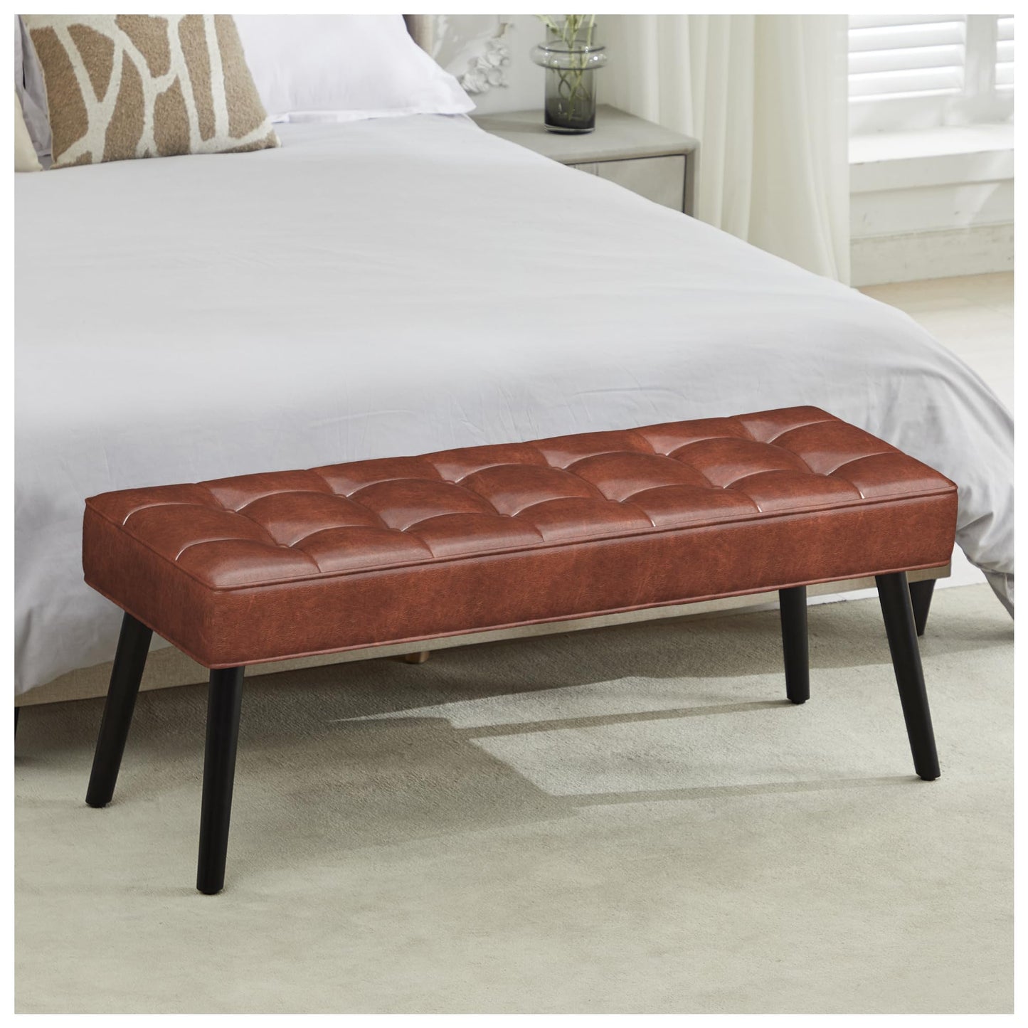 LOULENS 40'' PU Leather Tufted Ottoman Bench, Modern Upholstered End of Bed Bench, Waterproof Leather Entryway Bench with Wood Legs, Accent Footrest for Living Room, Brown