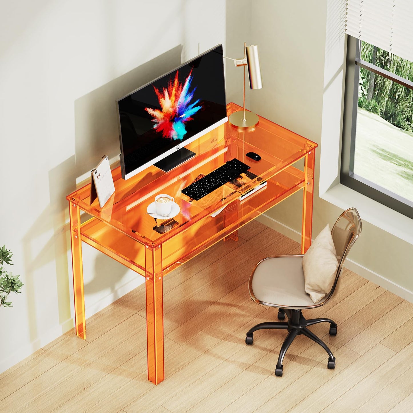 solaround Clear Acrylic Desk with Open Storage, Home Office Computer Writing Desk Office Study Table (Orange, 39.4'' x 19.7'' x 29.5'')