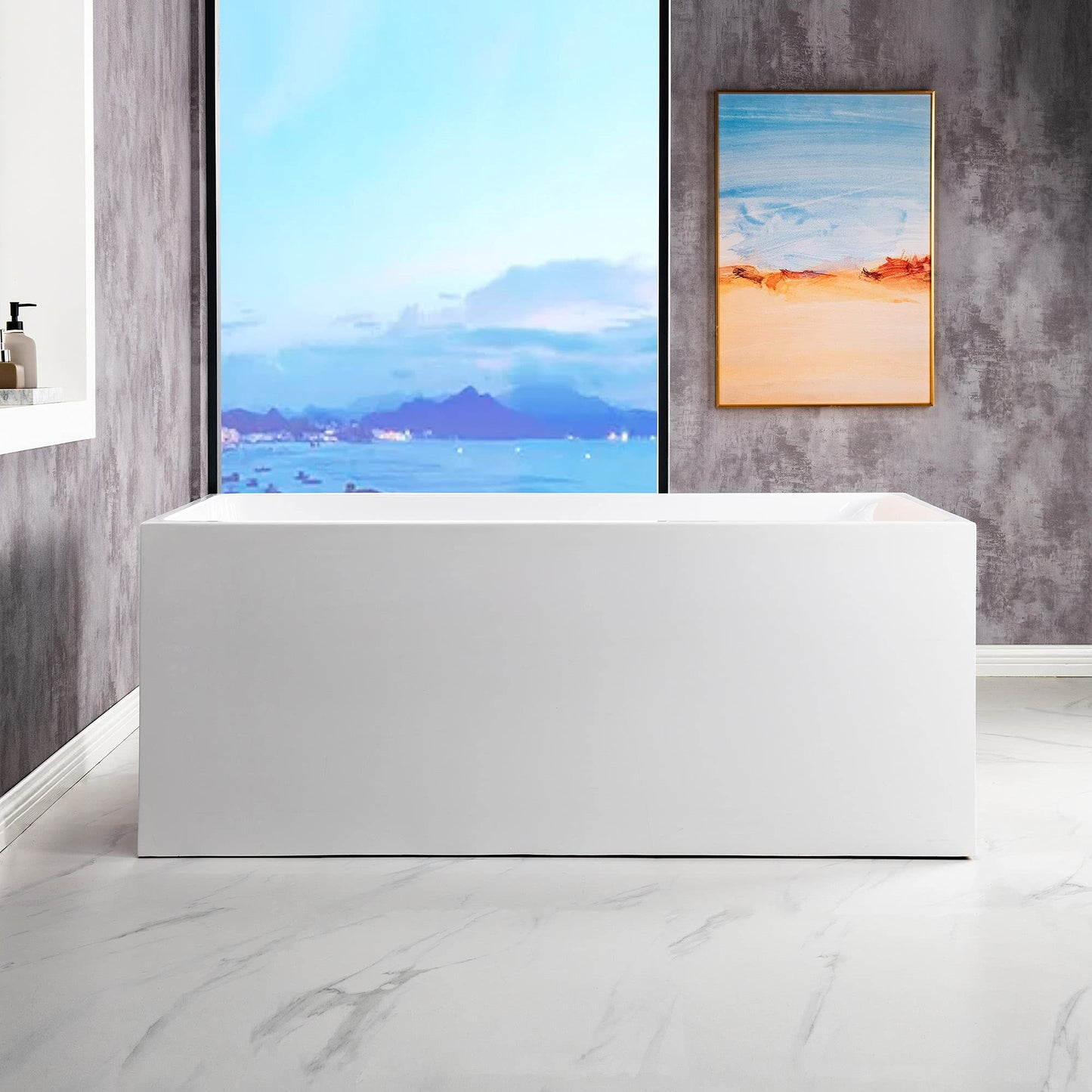 WOODBRIDGE 59" Acrylic Freestanding Bathtub Contemporary Soaking White Tub with Brushed Gold Overflow and Drain，BTA0081-BG-Drain&O