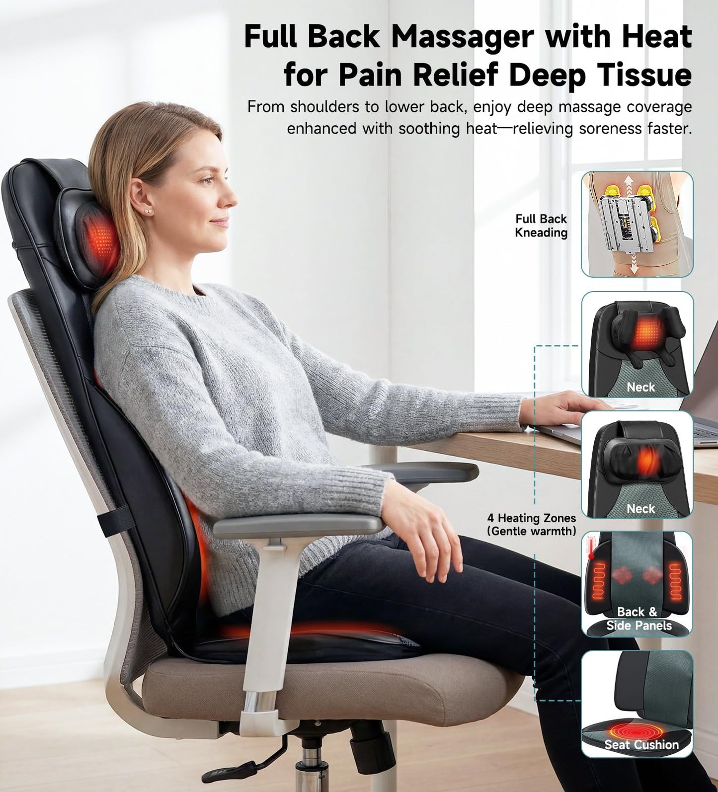 Shiatsu Neck and Back Massager for Chair with Heat, 2 Interchangeable Attachments Full Back Massage Pad Deep Tissue, Adjustable Height 3-Level Intensity for Office Home, Masajeador de Espalda, Black