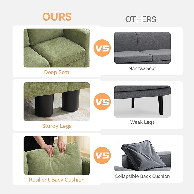 WUTUTUEE 58”Modular Sectional Loveseat Sofa with Storage, Comfy Office L Shaped Sofa Couch, Chenille Love Seat Modular Sectional Couch with Movable Ottoman for Living Room, Bedroom, Green