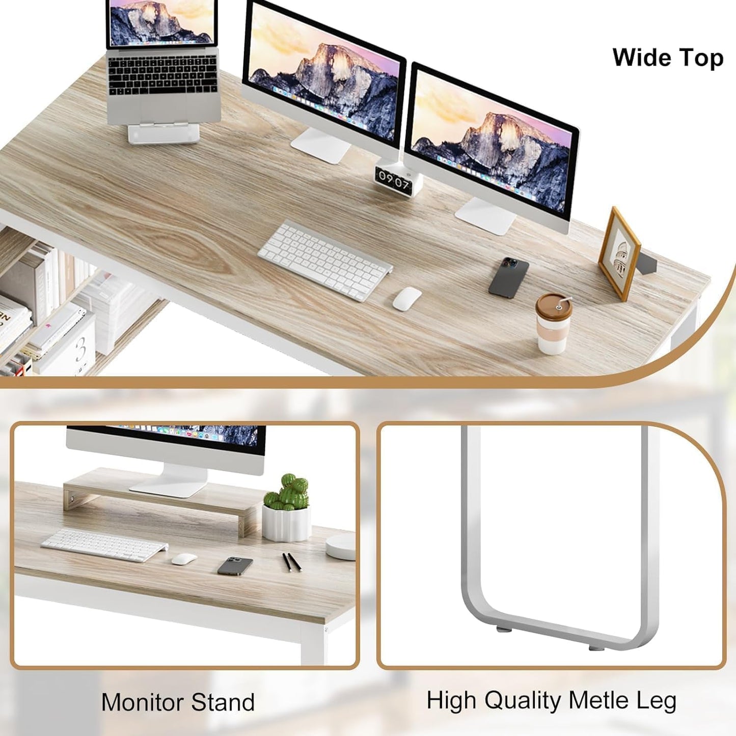 MaverickFurni 55 Inch Reversible L Shaped Computer Desk with 3 Drawers, Corner Desk with Storage Shelves and Removable Monitor Stand, White and Walnut