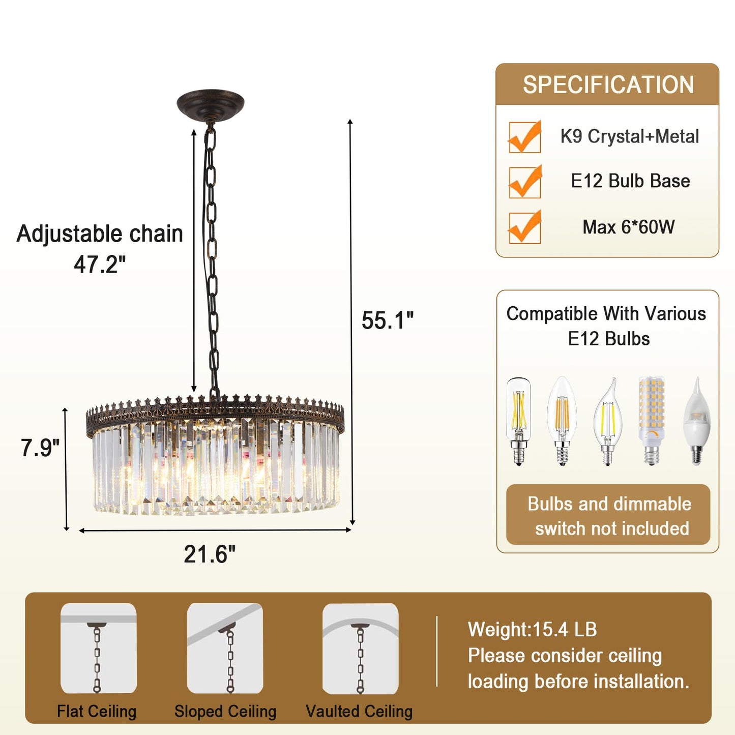ELGOBST 6-Light Crystal Chandelier, 19.7" Modern Farmhouse Crystal Light Fixture, Vintage Antique Bronze Round Hanging Lighting Fixture for Dining Room Foyer Living Room Entryway