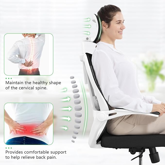 balmstar Office Chair,Ergonomic Comfy Home Desk Chair with 350LBS Capacity,High Back Gaming Chair with Wheels,Mesh Computer Chair,Lumbar Support, Adjustable Headrest,Flip-up Armrest (B-Black + White)