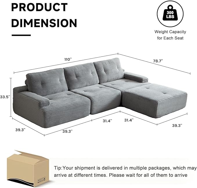 110" Boneless sectional Couch for Living Room,Convertible L-Shape Couches with Ottoman, Cloud Modular Sofa with Deep Seat for Bedroom, Cloud Corduroy, No Assembly,Grey