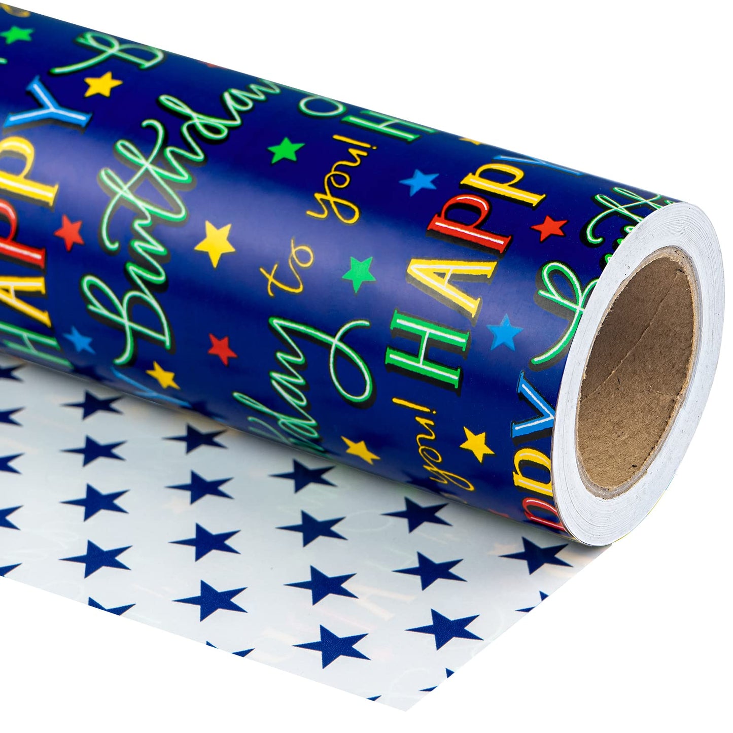 WRAPAHOLIC Jumbo Reversible Birthday Wrapping Paper - 30 Inch x 33 Feet - Colorful Happy Birthday Lettering and Stars Design for Birthday Party, Baby Shower, Holiday