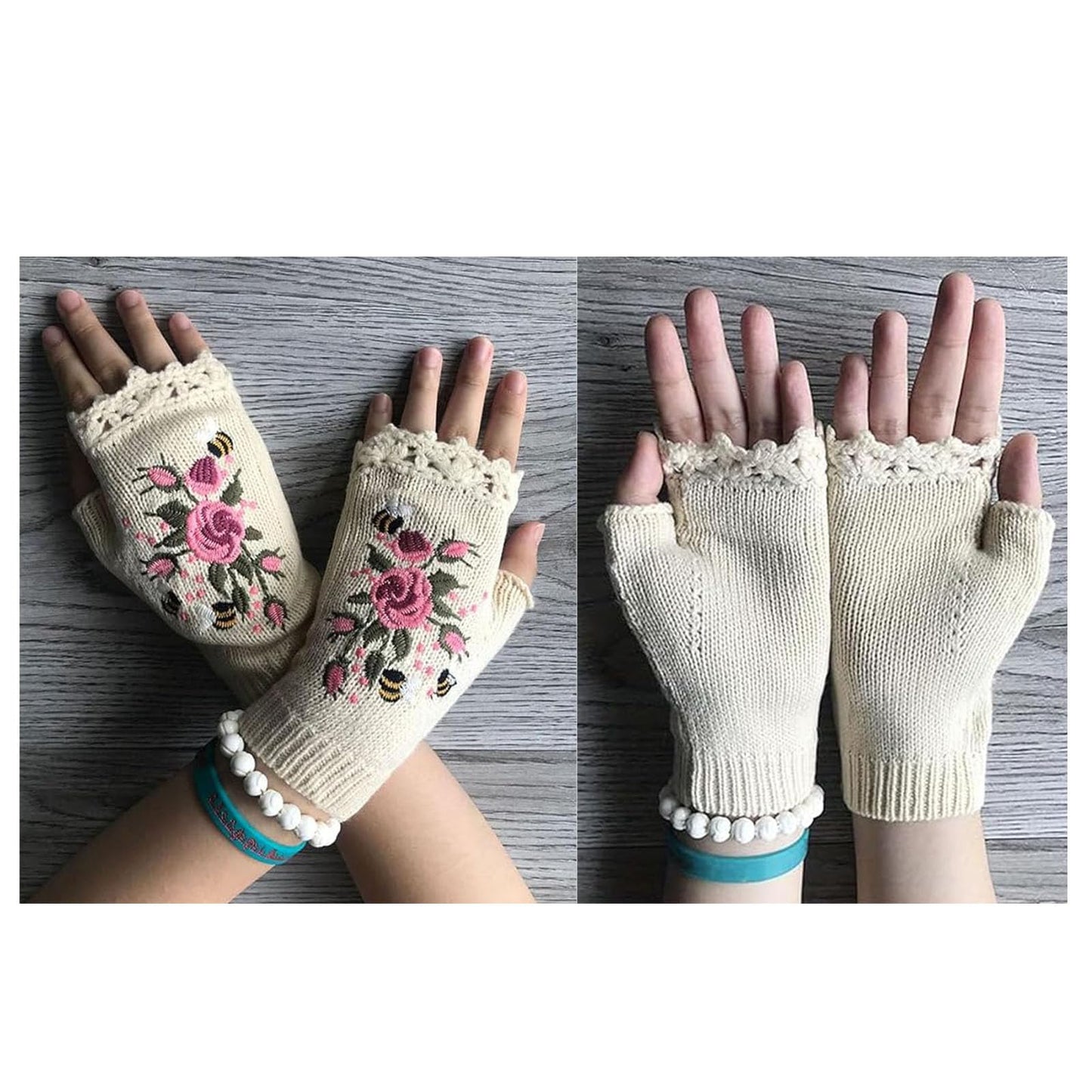 Firtideti Women's Hand Embroidered Knitted Flower Fingerless Gloves, White, One Size